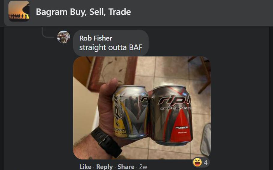 In this comment on a Facebook trading forum for residents of Bagram Airfield in Afghanistan on Friday, July 9, 2021, user Rob Fisher showed off the last two Rip Its he was able to get his hands on at the base in late 2020. They were a hot commodity during the U.S. drawdown, he told Stars and Stripes, and his are displayed on a shelf with other souvenirs from Afghanistan, where they will remain unopened.