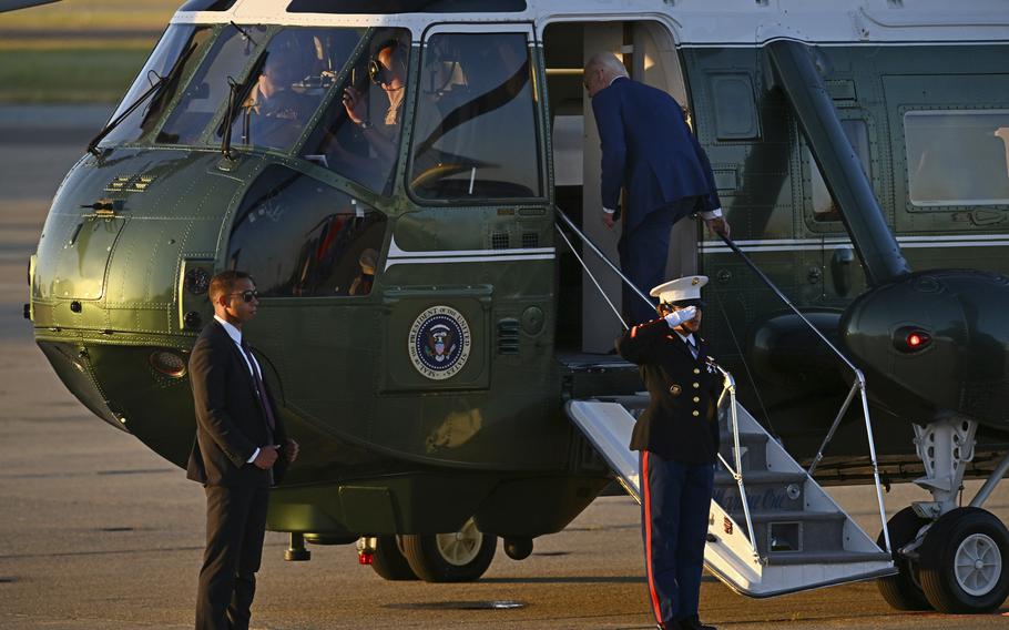 U.S. President Joe Biden boards Marine One at Moffett Airfield in Mountain View, Calif., on May 9, 2024.