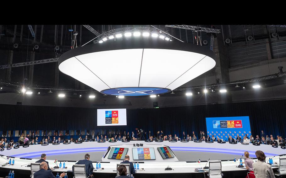 The North Atlantic Council meets at the NATO summit in Madrid on June 30, 2022. President Joe Biden announced afterward that the U.S. would send more weaponry to Ukraine.