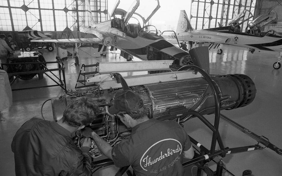 Engineers work at Nellis Air Force Base on Jan. 24, 1980. 