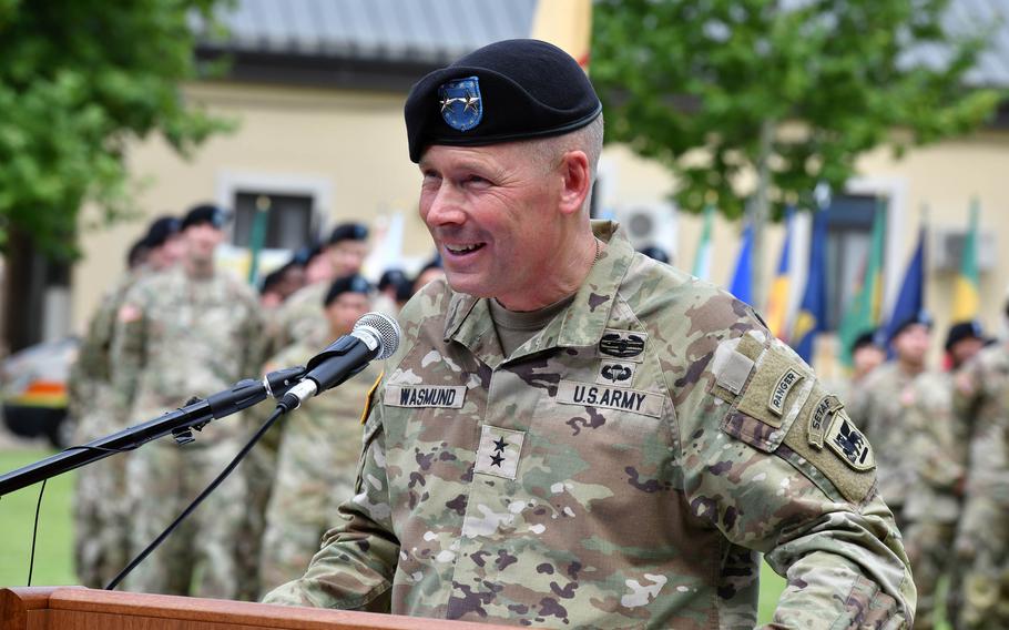 Maj. Gen. Todd Wasmund, the new commander of U.S. Army Southern European Task Force, Africa, addresses the audience during the SETAF-AF change of command ceremony at Caserma Ederle in Vicenza, Italy, July 14, 2022.