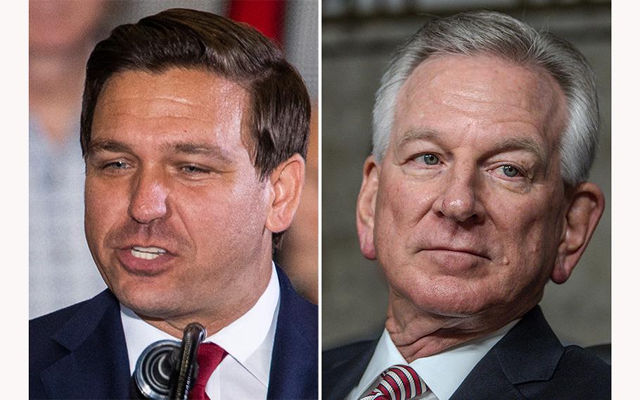 Ron DeSantis seen in Pensacola, Fla., in November 2018 while running for governor, left, and Sen. Tommy Tuberville, R-Ala., as seen in a July 12, 2023, hearing on Capitol Hill in Washington, D.C.