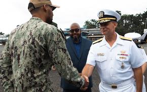 Rear Adm. Joshua Lasky greets a Navy corpsman in Limon, Costa Rica, July 22, 2024, Lasky took command of Joint Task Force-Micronesia on May 15, 2025. 

