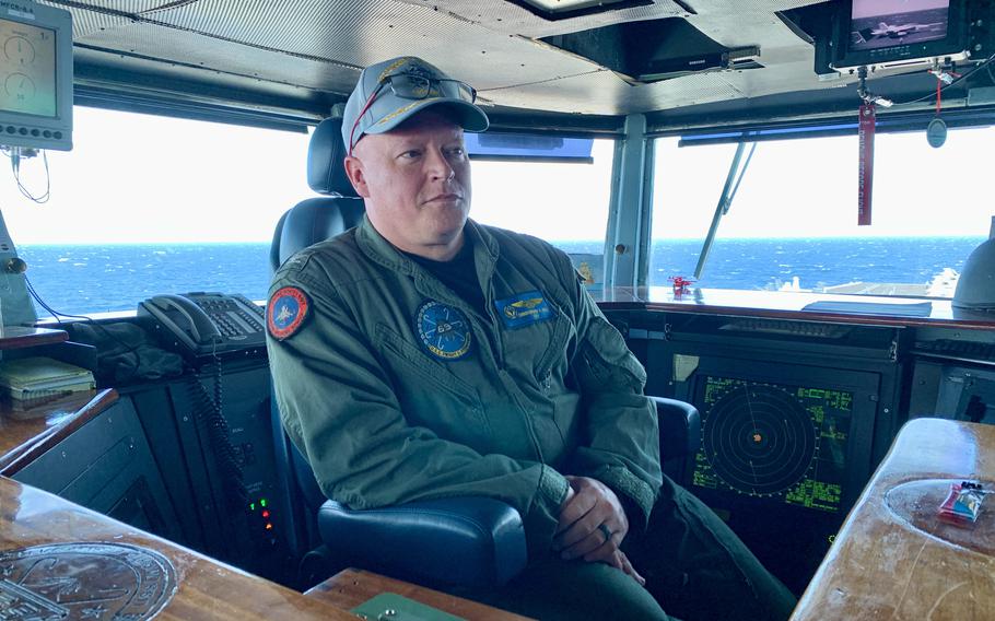 Capt. Chris Hill, commanding officer of the aircraft carrier USS Dwight D. Eisenhower, regularly lauds sailors for their accomplishments in posts on the social media platform X. Hill's account, @ChowdahHill, has more than 66,200 followers. 