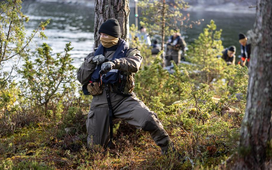 A Marine assigned to 2nd Reconnaissance Battalion, 2nd Marine Division operates during Freezing Winds 23 off the coast of Finland, Nov. 2, 2023. During the exercise, NATO partners and allies practice logistics and amphibious operations along Finland's Baltic Sea coast. 