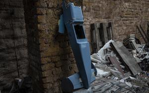 Fragments of two Shahed drones at a secret Ukrainian workshop in the country's southern Mykolaiv region on Oct. 31, 2022. (MUST CREDIT: Heidi Levine/For The Washington Post)