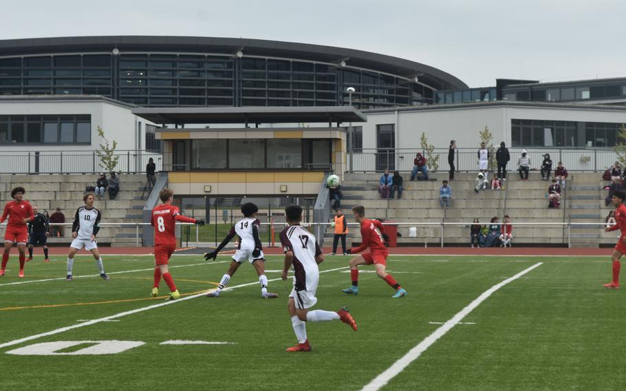 Vilseck and Kaiserslautern battle for the ball in center field during a game played Saturday, April 30, 2022 in Kaiserslautern. The Raiders would win the game 4-3 with a last-minute goal.