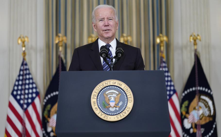 President Joe Biden delivers remarks on the October jobs report from the State Dining Room of the White House, Friday, Nov. 5, 2021, in Washington. 