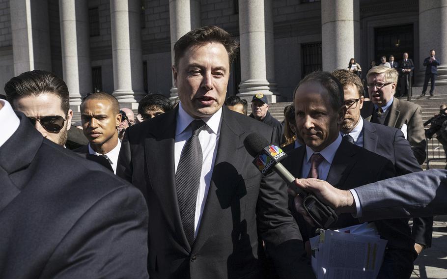 Elon Musk departing from federal court in New York, on April 4, 2019. 