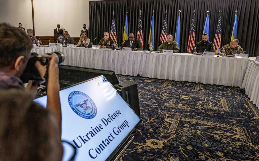 U.S. Defense Secretary Lloyd Austin, center, gives opening remarks during the Ukraine Defense Contact Group meeting Sept. 19, 2023, at Ramstein Air Base in Germany. The group, which consists of dozens of countries and is facilitating military aid shipments to Ukraine, is scheduled to meet again at Ramstein on March 19, 2024.