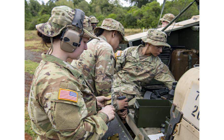 Spc. Alex Starcher, a Massachusetts National Guardsman with the 772nd Military Police Company, loads ammunition into an M4 magazine in preparation for lethal weapons training during Justified Accord 2024 at the Counter Insurgency Terrorism and Stability Operations Training Centre, Nanyuki, Kenya, Wednesday, Feb. 28, 2024.