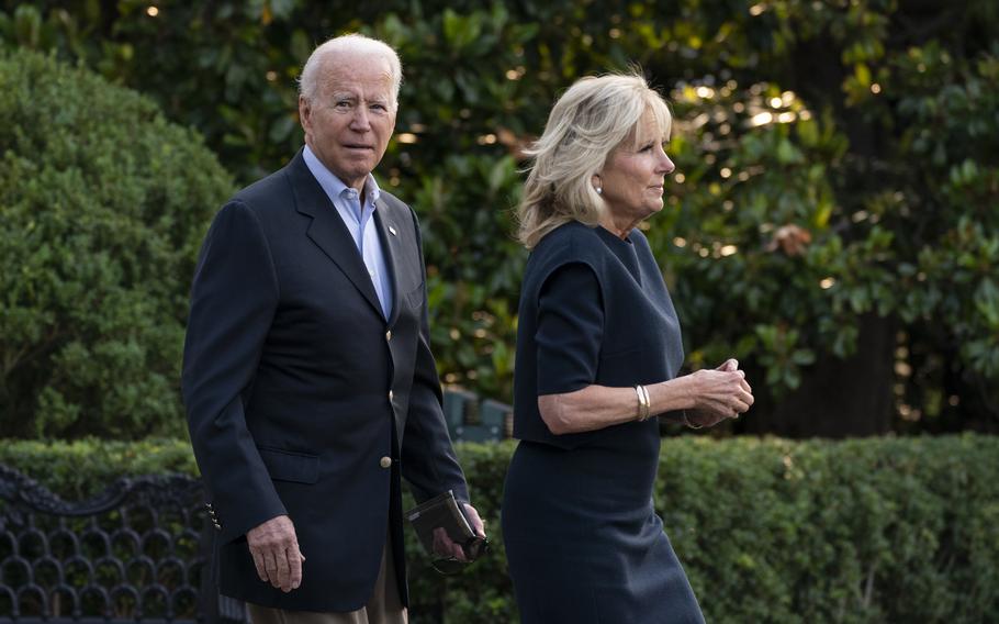 President Joe Biden and first lady Jill Biden walk on the South Lawn at the White House in Washington, Thursday, July 1, 2021, to board Marine One.