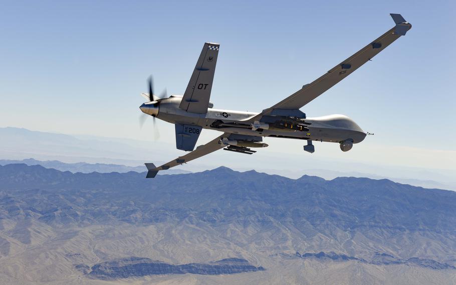 An MQ-9 Reaper drone is remotely piloted by airmen at Creech Air Force Base, Nev., on Aug. 30, 2023. 
