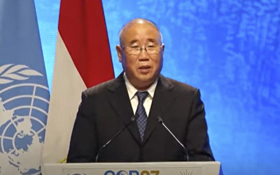 A video screen grab shows Xie Zhenhua, China’s special envoy for climate change, speaking at the COP27 climate summit in Sharm el Sheikh, Egypt, in November 2022.