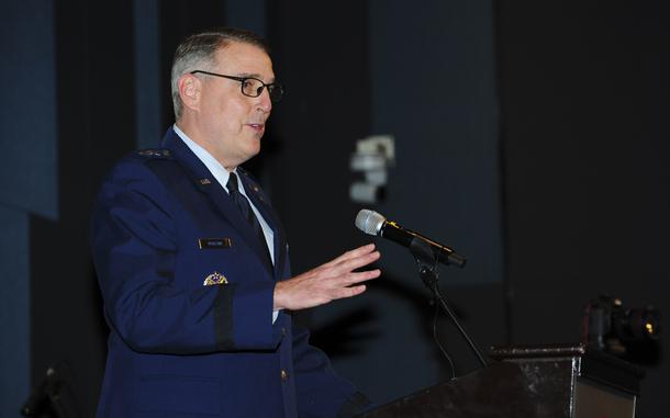 U.S. Air Force Maj. Gen. Michael A. Minihan, speaks in Suwon, Korea, on Dec. 13, 2018. Minihan, who as head of Air Mobility Command oversees the service’s fleet of transport and refueling aircraft, warned personnel to speed their preparations for a potential conflict.