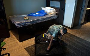 Lance Cpl. Juan De La Cerda moves into his new barracks room at Marine Corps Base Camp Blaz, Guam, May, 16, 2025. 