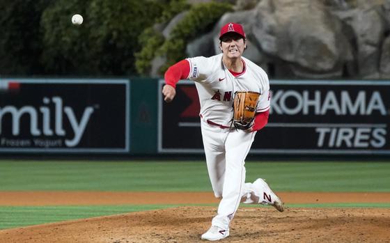 Los Angeles Angels starting pitcher Shohei Ohtani (17) throws during a baseball game against the Kansas City Royals in Anaheim, Calif., Friday, April 21, 2023. (AP Photo/Ashley Landis)