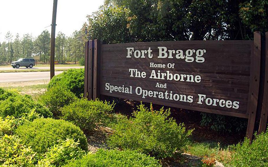 The entrance to Fort Bragg, N.C., is shown in this undated file photo. Defense Secretary Lloyd Austin will visit Fort Bragg, N.C., on Tuesday, Nov. 1, 2022, to meet with 18th Airborne Corps soldiers who just returned from a nine-month deployment to Europe in response to Russia’s invasion of Ukraine.