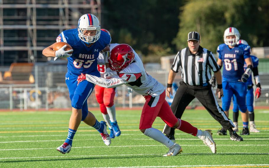 Ramstein's Jayvn Hill runs toward the goal line during a game against Kaiserslautern at Ramstein Air Base, Germany, in October 2019.  Following a year without football because of the coronavirus pandemic, the Royals and Raiders will get the 2021 DODEA-Europe season underway with a game at Ramstein, Friday night.