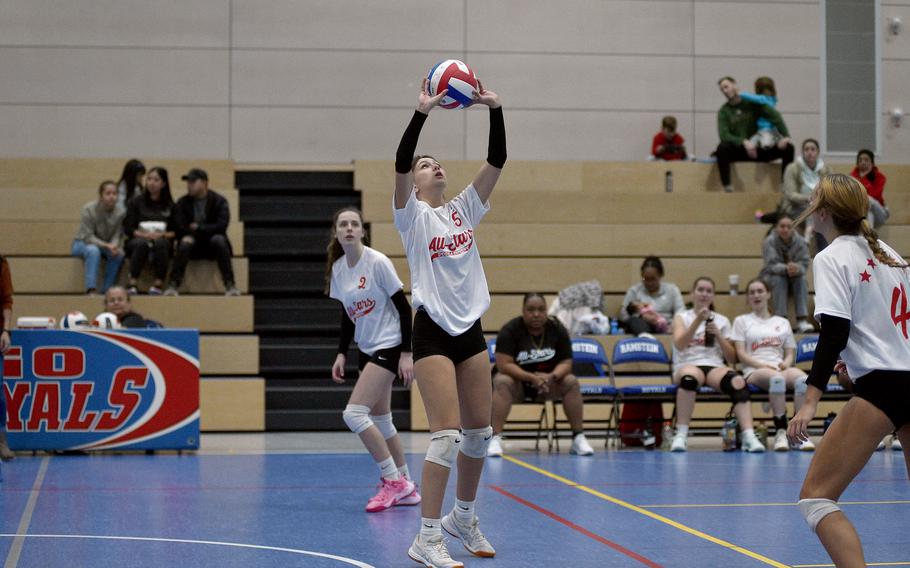 White Team's Emma Boyle of Vilseck sets the ball during a DODEA-Europe all-star volleyball match on Nov. 4, 2023, at Ramstein High School on Ramstein Air Base, Germany.