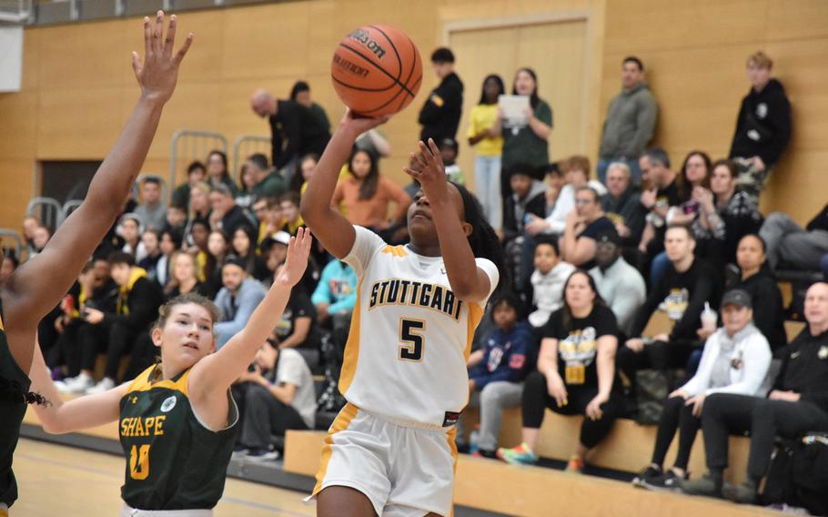 Stuttgart point guard Macayla Hines puts up a shot Friday, Feb. 16, 2024, in a Division I semifinal game at the DODEA European Basketball Championships in Wiesbaden, Germany.