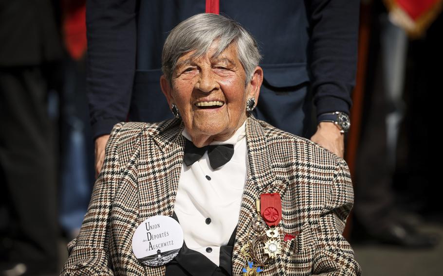 Holocaust survivor Ginette Kolinka ,100, attends a commemorative ceremony to mark the 80th anniversary of the return of the deportees, in Paris, France, Sunday, April 27, 2025.