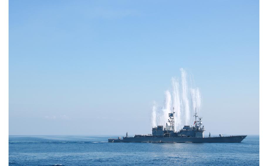 Kee Lung-class destroyer DDG 1801 in action during exercises off Suao, Taiwan, on July 26, 2022.