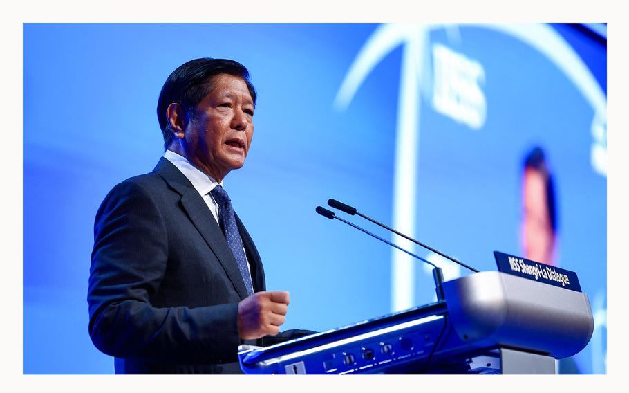 Philippines’ President Ferdinand Marcos Jr delivers a keynote address at the Shangri-La Dialogue, in Singapore, May 31, 2024. 