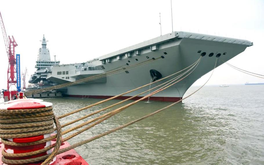 The Chinese aircraft carrier Fujian is pictured on April 30, 2024, in this image by the state-run Xinhua News Agency.