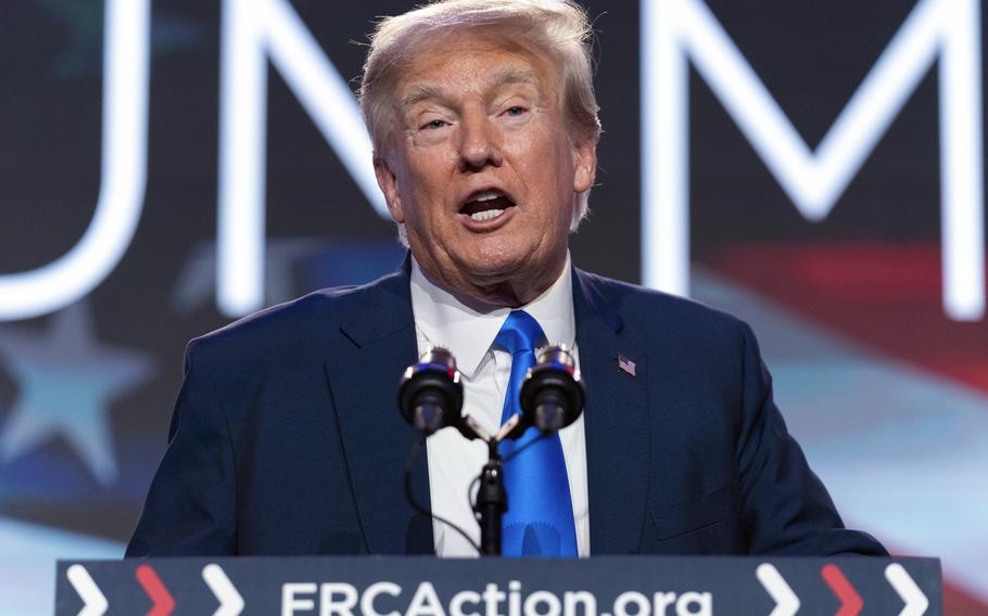 Former President Donald Trump speaks during the Pray Vote Stand Summit, Sept. 15, 2023, in Washington. 