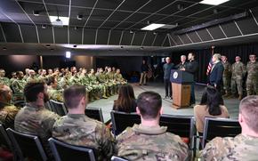 Vice President JD Vance holds an all call with Guardians and Airmen stationed at Pituffik Space Base, Greenland, March 28, 2025. During his visit, Vance addressed the service members’ importance in supporting the U.S. military’s northernmost installation and thanked them for their endurance in manning the remote station vital to national defense. (U.S. Space Force photo by Staff Sgt. Jaime Sanchez)