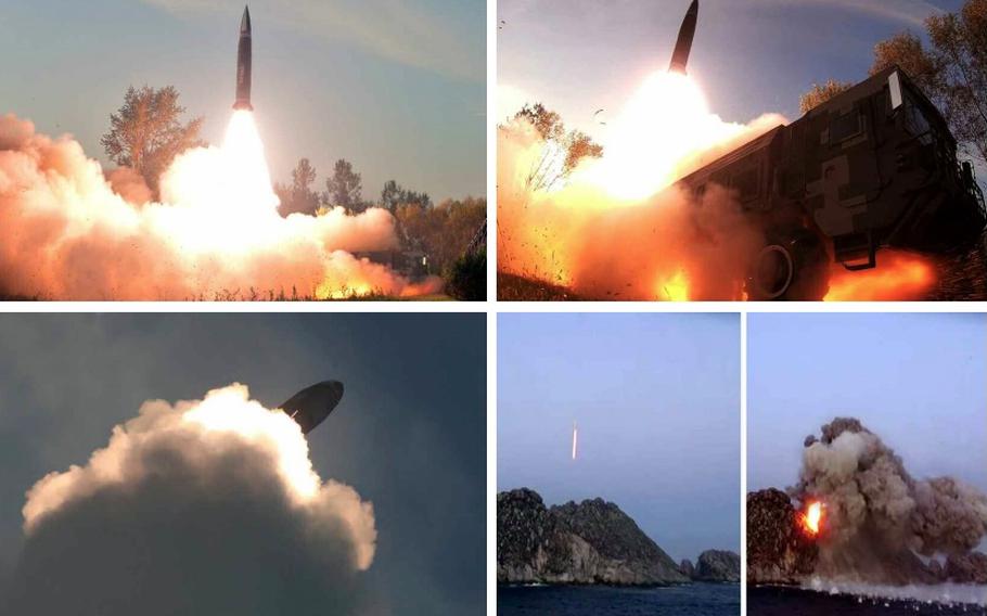 North Korea launches in a missile in this image released by the state-run Korean Central News Agency on Oct. 10, 2022. 