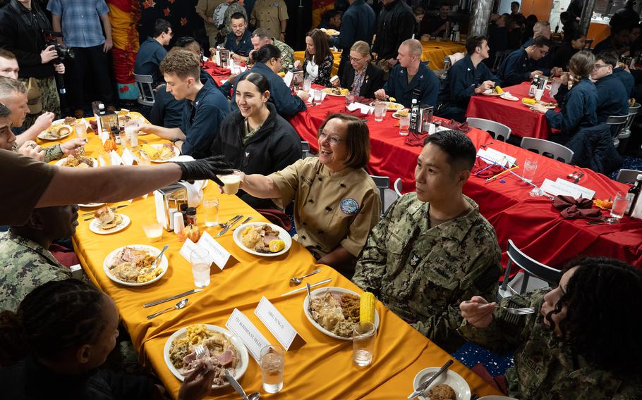 Chief of Naval Operations Adm. Lisa Franchetti celebrates Thanksgiving with sailors aboard the USS Ronald Reagan at Yokosuka Naval Base, Japan, Thursday, Nov. 23, 2023.