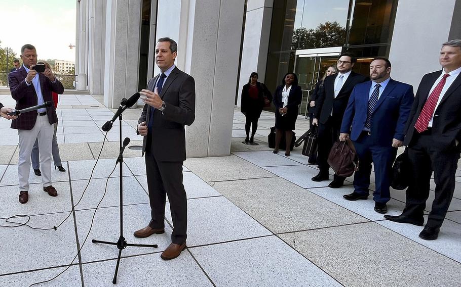 Suspended Hillsborough State Attorney Andrew Warren speaks to reporters before a federal court hearing in Tallahassee, Florida, in November 2022.