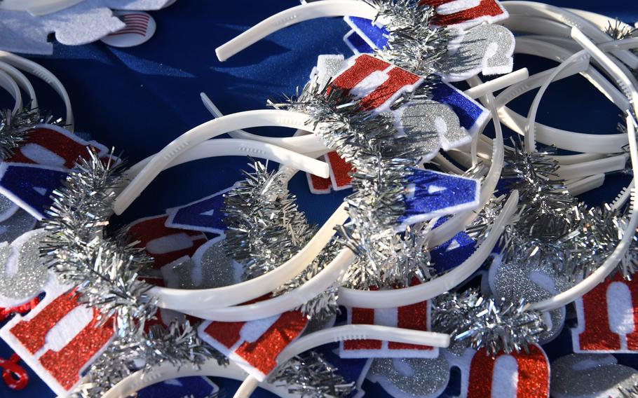 A pile of red, white and blue patriotic memorabilia.