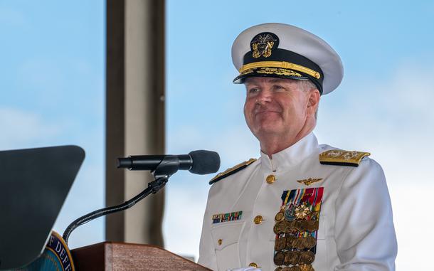 Adm. Samuel Paparo, commander of U.S. Indo-Pacific Command, delivers a speech during the change of command ceremony on Joint Base Pearl Harbor-Hickam, May 3, 2024. During the ceremony, Paparo assumed command from Adm. John Aquilino, who retired with 40 years of service in the Navy.