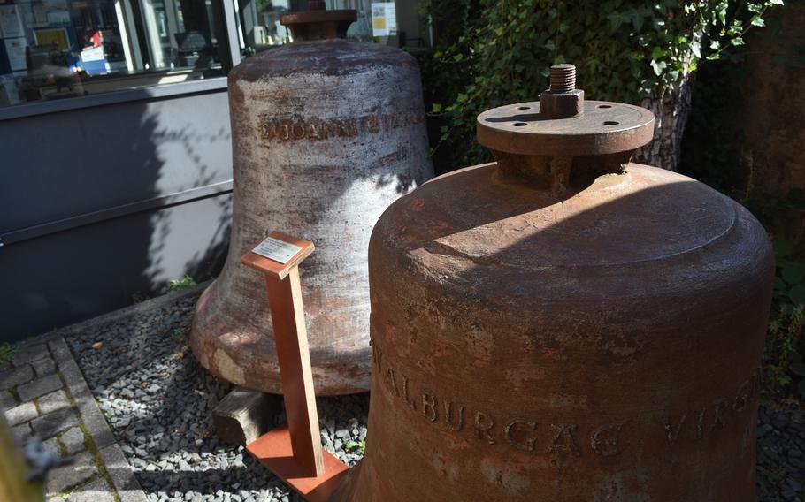 These steel bells displayed in the open courtyard of the Museum of Bell Foundry Mabilon replaced bronze bells that once rang in a Catholic church in the Mosel region. Many of Germany’s bronze bells were melted down for bullets and other ammunition during World War II. They were replaced with new bronze bells in 1975. The museum in Saarburg, Germany, preserves a bell workshop that produced bells for the world for almost three centuries.