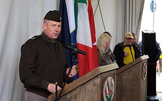 U.S. Army Maj. Gen. Todd Wasmund, commander of Southern European Task Force, Africa, speaks May 7, 2024, at a ceremony to name the Italian army base in Longare, Italy, Caserma Matteo Miotto in honor of an Italian corporal who died in Afghanistan in 2010. 