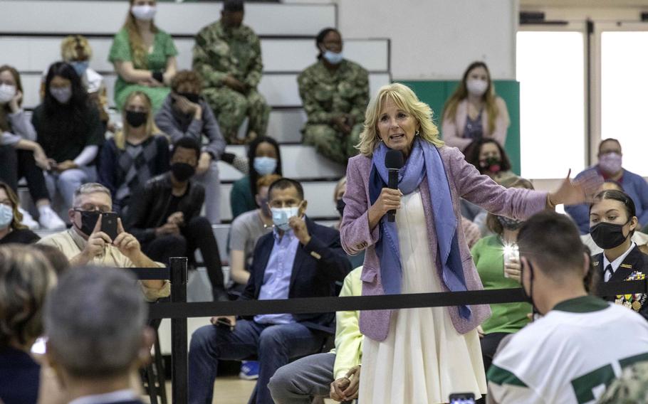 First Lady Jill Biden speaks at Naples Middle/High School at Naval Support Activity  Naples, Italy, Nov. 1, 2021. Biden visited with students, parents and community members as part of her White House initiative Joining Forces, a program that supports military and veteran families, caregivers and survivors.  