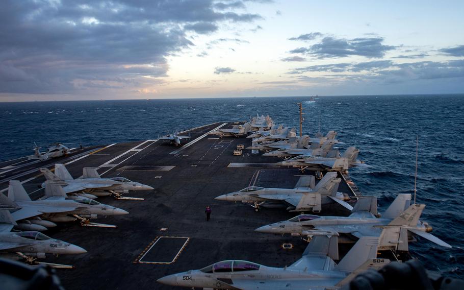 The aircraft carrier USS Harry S. Truman enters the Mediterranean Sea on Dec. 14, 2021. The Harry S. Truman Carrier Strike Group is on a scheduled deployment to the U.S. 6th Fleet area of operations.