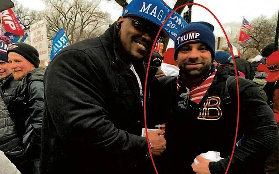 Lawrence Stackhouse, right, posted this photograph to Telegram showing himself at the Jan. 6 rally in Washington, D.C., before the storming of the U.S. Capitol building. 