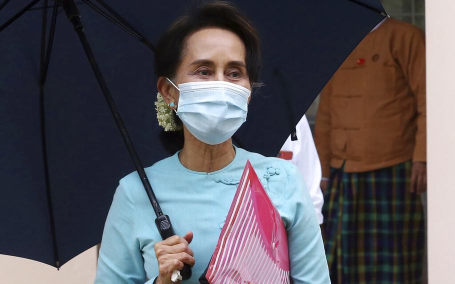 Then-Myanmar Leader Aung San Suu Kyi leaves a meeting in Naypyitaw, Myanmar on July 21, 2020. According to reports on Friday, July 15, 2022, Suu Kyi denied accusations of election fraud when she testified for the first time on the case at the prison court in the capital Naypyitaw.