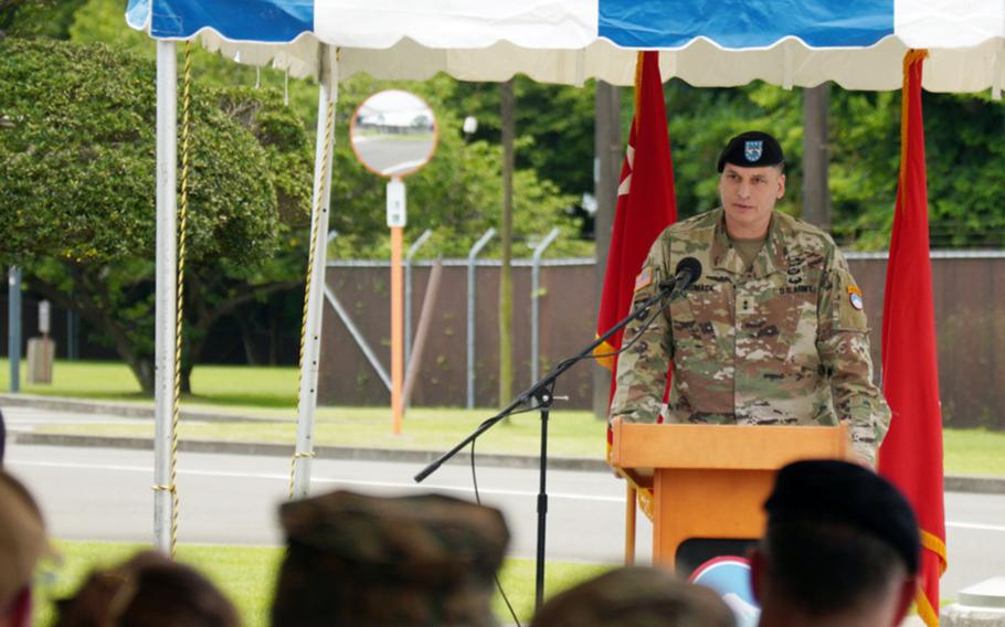 Maj. Gen. David Womack speaks after taking command of U.S. Army Japan from Maj. Gen. Joel "JB" Vowell at Camp Zama, Tuesday, June 20, 2023. 