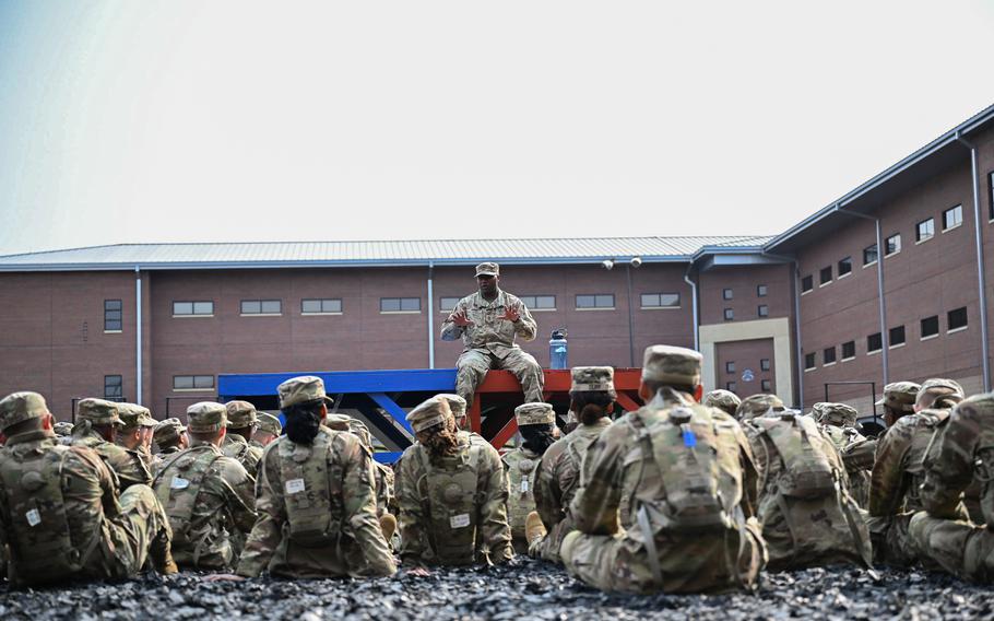 A cadre member from the Army’s Future Soldier Preparatory Course addresses students June 6, 2023, at Fort Jackson, S.C. 