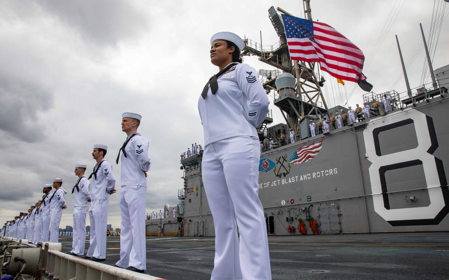 Sailors aboard the USS Makin Island "man the rails" at Naval Base San Diego in June 2023. The Navy's 2025 budget calls for  390,000 sailors and officers in the service — 332,300 on active duty and 57,700 in reserves.