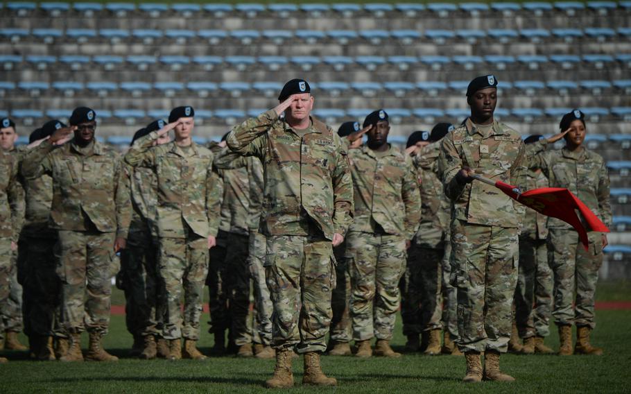 At front, 1st Sgt. Eric Rhoades salutes with soldiers of the 42nd Transportation Company during a reactivation ceremony for the 95th Combat Sustainment Support Battalion, April 6, 2023, at Smith Barracks in Baumholder, Germany. The company is at 69% manning but will ultimately have about 160 soldiers supporting logistics operations.