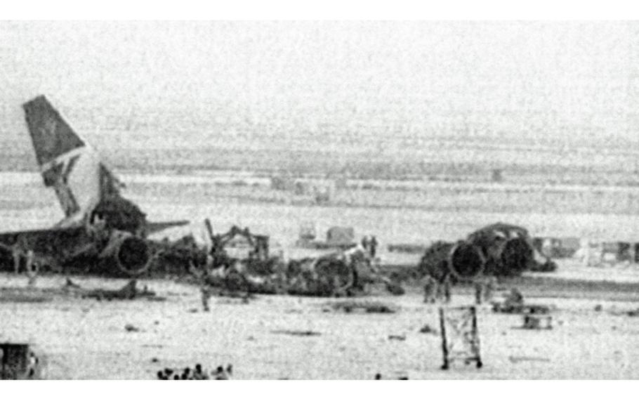 The wreckage of British Airways BA 149 which landed in Kuwait hours after Iraqi forces had entered the country and whose passengers and crew were detained by the invading forces and held hostage for up to five months. According to reports on Tuesday, Nov. 23, 2021, files being released to the National Archives show that the warning to the Foreign Office that Iraqi forces had entered Kuwait was not passed on to British Airways even though it had a flight heading to the Gulf state.