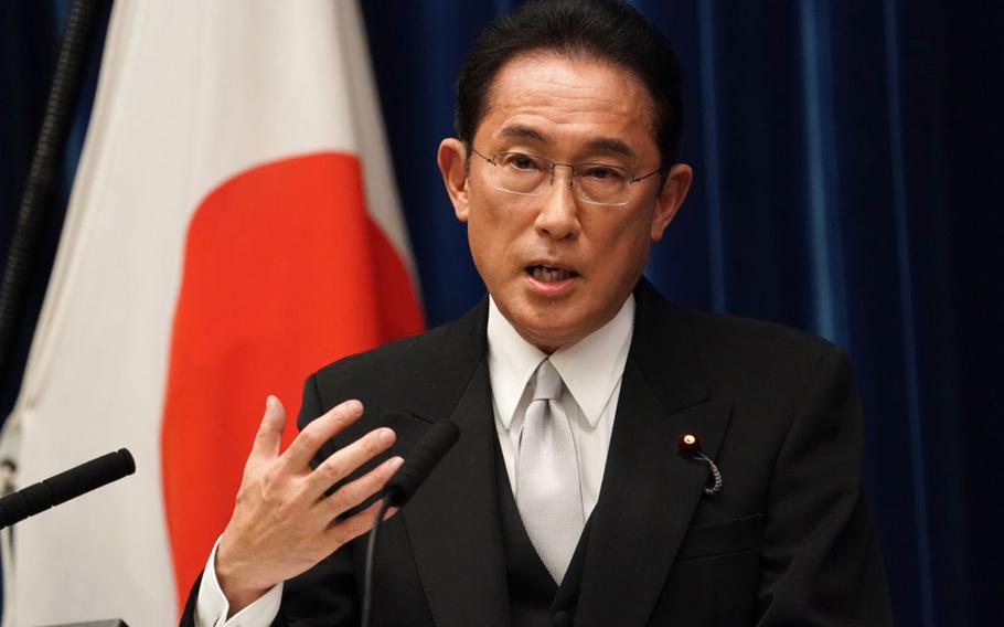 Fumio Kishida, Japan’s prime minister, speaks during a news conference at the prime minister’s official residence on Oct. 4, 2021 in Tokyo. U.S. President Joe Biden will host Kishida and South Korean President Yoon Suk Yeol for a summit on Aug. 18. 