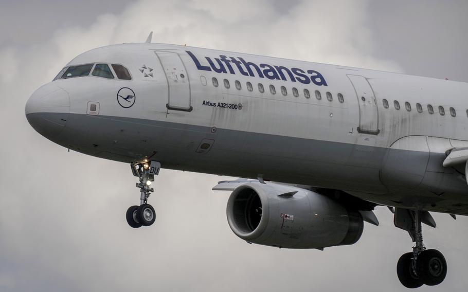 A Lufthansa aircraft approaches the airport in Frankfurt, Germany, July 26, 2022. Pilots with Germany's Lufthansa have voted in favor of possible strike action, a union announced Sunday, July 31, 2022.