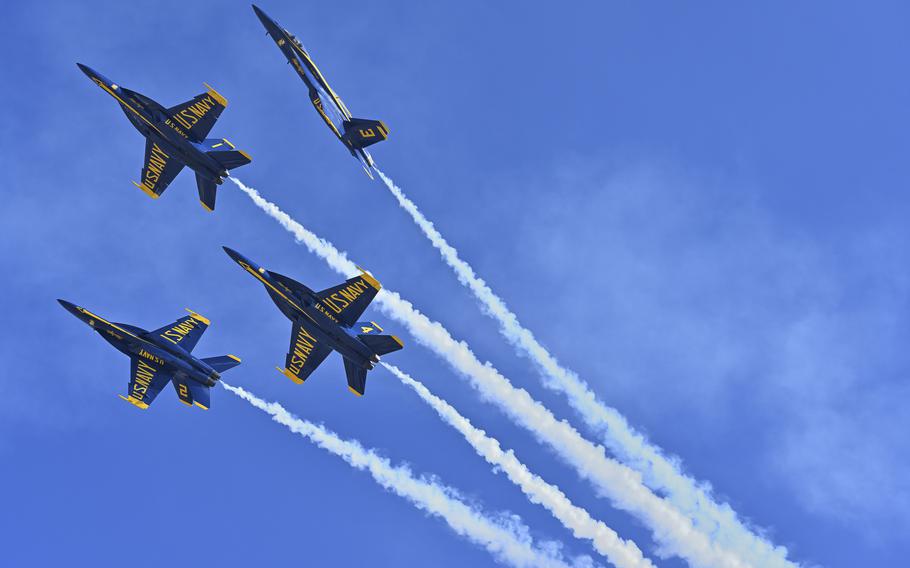 The Blue Angels demonstration team, shown here during the Jacksonville Airshow on Oct. 22, 2022, will perform during Navy Week in Atlanta.